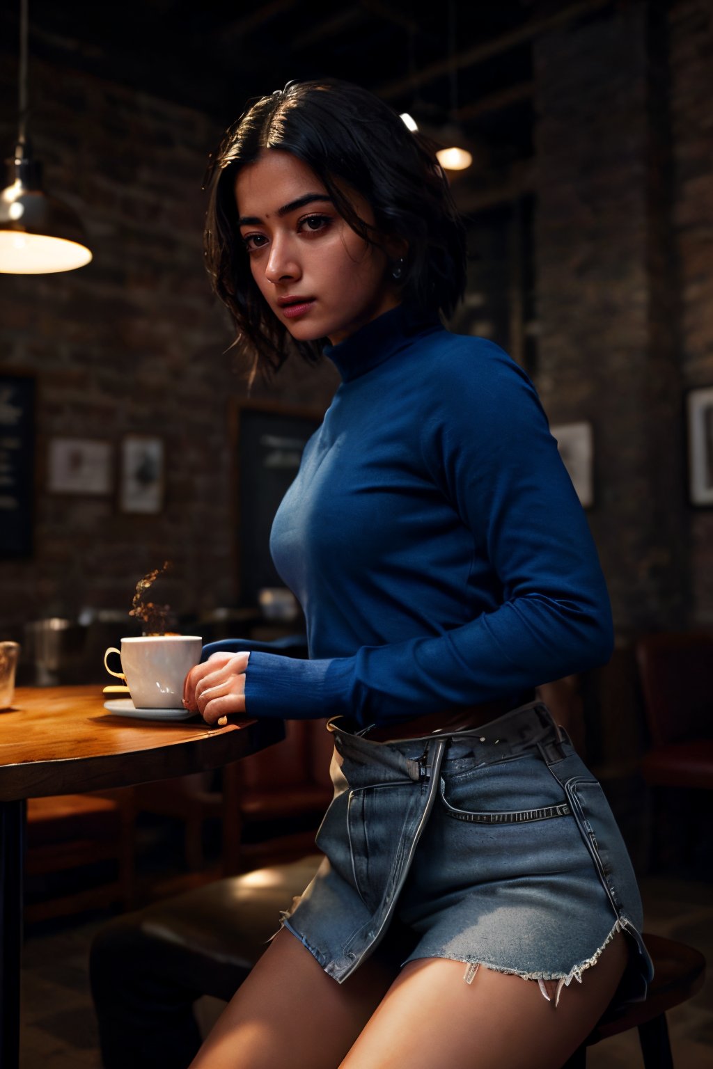 Take a coffee shop photo of a sitting 1 woman with perfect anatomy  at a circular table. It's a blue-colored, moody picture. The woman should have detailed thighs and a detailed face. The focus of the image should be a detailed table. Using the rule of thirds in composition, frame her sexy waist beautifully and enhance the photo with dramatic lighting to add depth and intensity. Place the woman against a coffee shop where people are sitting around that complements her personality and adds hair shadows to her face." (Lalisamanoban, rashmika, no_humans, detailed face, sharp eyes, upshirt, detailed face, no_humans, Game of Thrones),	 SILHOUETTE LIGHT PARTICLES,through_the_thighs
