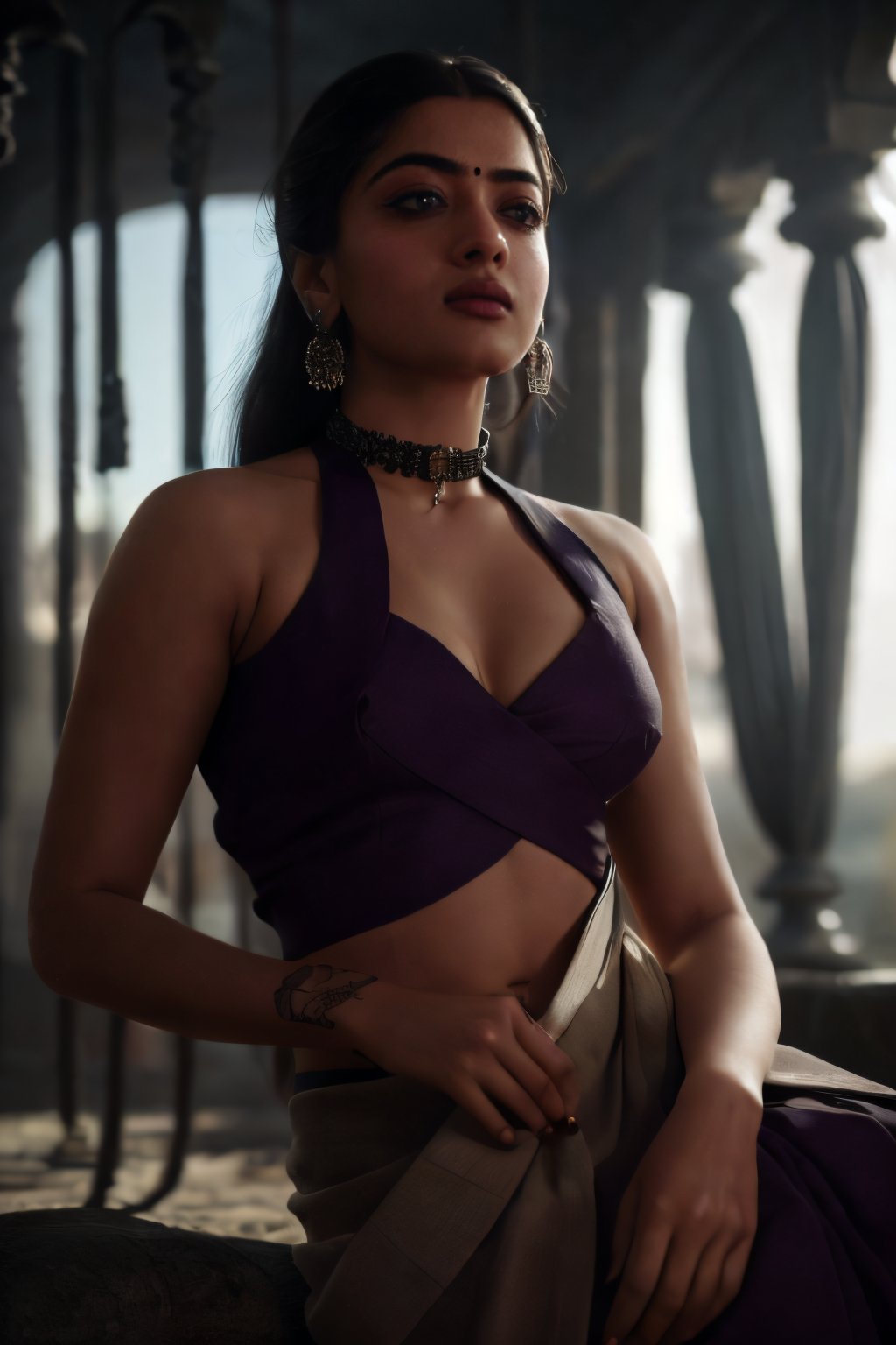 Take a daytime, moody photo of a woman in a sitting pose, wearing a tight saree and a stylish collar or choker accessory, showcasing her perfect hands and an intriguing tattoo on her arm. The woman should have big eyes, and her detailed face, especially her detailed nose, should be the focal point of the image. Use the rule of thirds in composition to frame her face beautifully, and enhance the photo with dramatic lighting to add depth and intensity. Place the woman against a background that complements her personality.",lalisamanoban, rashmika, ,no_humans,Detailedface,Detailedeyes,shrutih,Game of Thrones, tight Saree,bottom_view