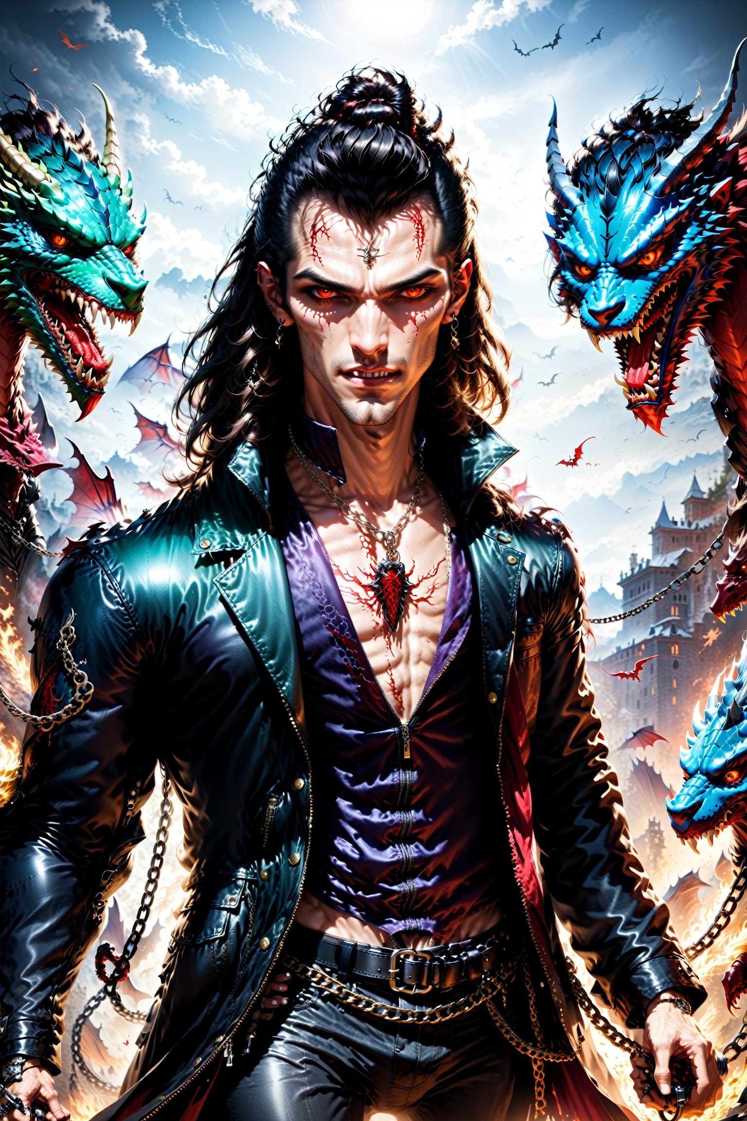 a male aesthetic vampire from the Italian mafia taming an undead dragon with a whip and a chain,a man in a leather jacket and a scarf, with fangs, blood, a ring, a dragn with bones, scales, wings and fire, a whip and a chain, cool, realistic, detailed, 4k,DonMF43Dr4g0n ,Renaissance Sci-Fi Fantasy