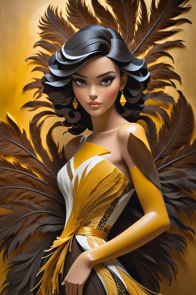 (masterpiece), Slender woman holds a fan of natural amber ostrich feathers in her hand, (she places the open fan of amber ostrich feathers on her waist, as if it were a belt. This highlights her figure and her style), The image has A geometric art style, with simple shapes and solid colors, which give it an elegant and sober look, real and detailed, highlights the color of your eyes, the image must be high impact, the background must be dark and contrast with the figure of the girl, The image must have a high detail resolution of 8k, (full body), (artistic pose of a woman),Leonardo Style,A girl dancing,Face makeup,3d toon style,ral-pnrse,DonMWr41thXL 