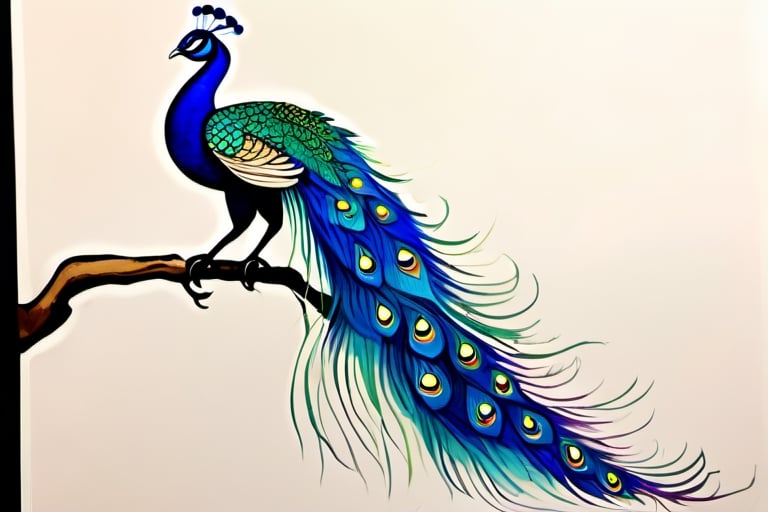 digital art concept of a peacock dragon, whimsical, fantasy, watercolor pencil sketch, 8k, intricate details, scaled feathers,  digital art, fantasy dragon, DTstyle,night_view_background,Movie Still,LinkGirl,chinese ink drawing,with blacklight makeup