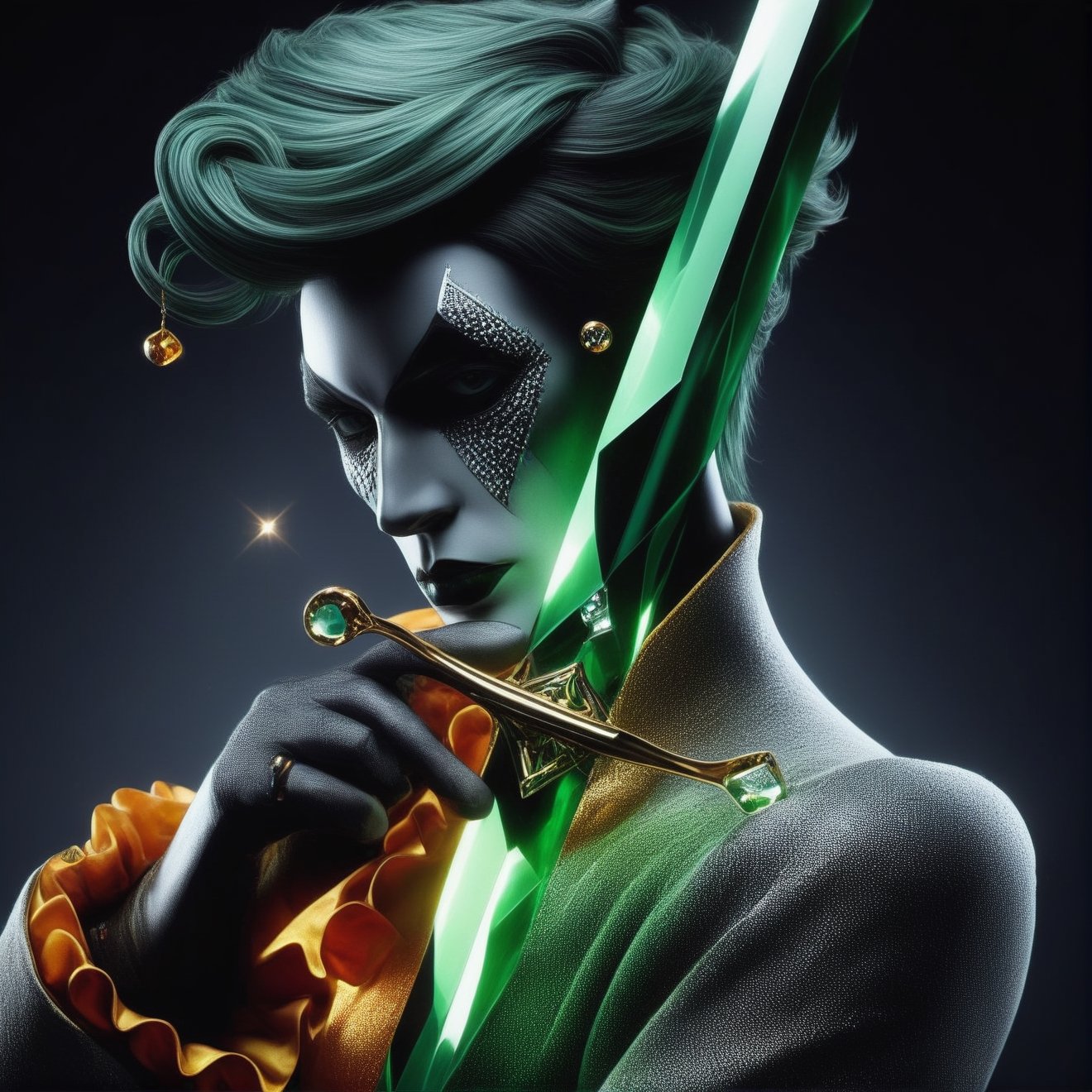 A modern harlequin with a 8k quality refined malachite crystal sword. The image must be striking and eye-catching with a tensor art style that captures the attention of users. The harlequin should look elegant and mysterious, with a brightly colored suit and diamond makeup. The sword should reflect light and have a deep green glow. The background should be dark and contrast with the figure of the harlequin. The image must have a resolution of 8k and a high level of detail,detailed textures,High detailed ,detailmaster2,aw0k dalle,more detail XL,Face makeup,HellAI,monster,photo r3al,pturbo,fire,aw0k dalle,detailmaster2,Leonardo Style,<lora:659095807385103906:1.0>