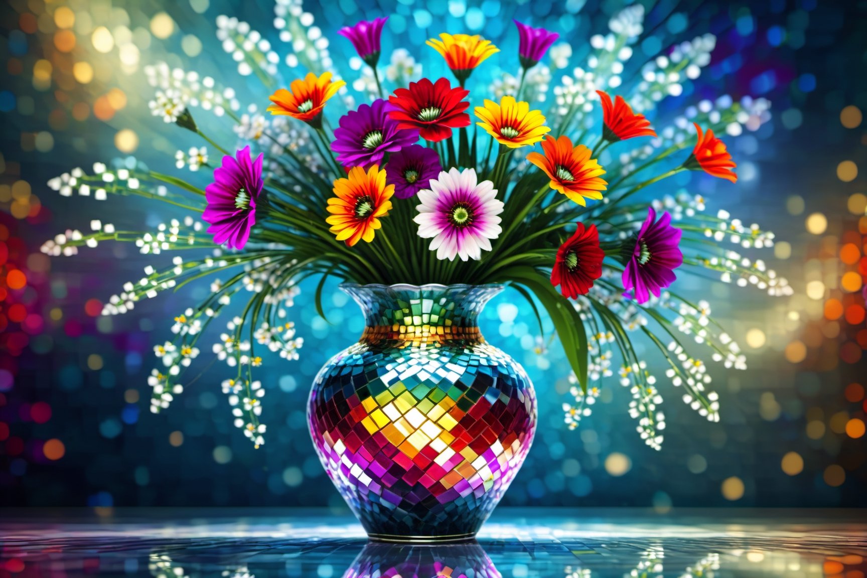 An image that has a mosaic style and a mirrored glass vase with beautiful and majestic flowers, the image is 8k quality