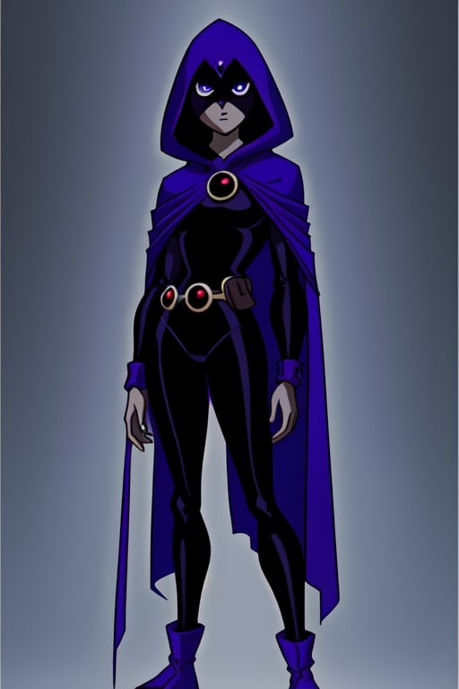 Raven TT with purple hooded cape, cartoon style.Teen Titans.(masterpiece), Raven TT wears a black leotard and a belt around her hips.RavenTT has light gray skin, violet-blue eyes, and shoulder-length blue hair. She casting a darkness manipulation spell, image quality is 8k,RavenTT,Wiz,DC,Raven,90s,80s
