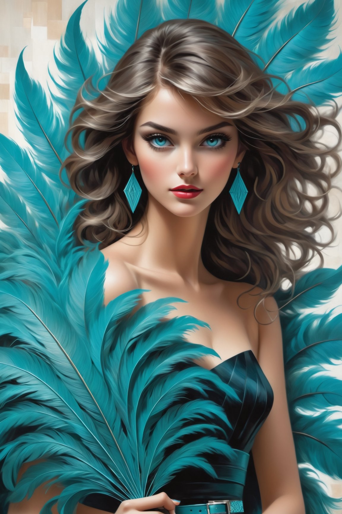 (masterpiece), Slender woman holds a turquoise natural ostrich feather fan in her hand, (she places the open turquoise ostrich feather fan on her waist, as if it were a belt. This highlights her figure and her style), The image It has a geometric art style, with simple shapes and solid colors, which give it an elegant and sober look, real and detailed, highlights the color of your eyes, The image must be high impact, the background must be dark and contrast with the figure of the girl, The image must have a high detail resolution of 8k, (full body), (artistic pose of a woman),Leonardo Style,A girl dancing,Face makeup