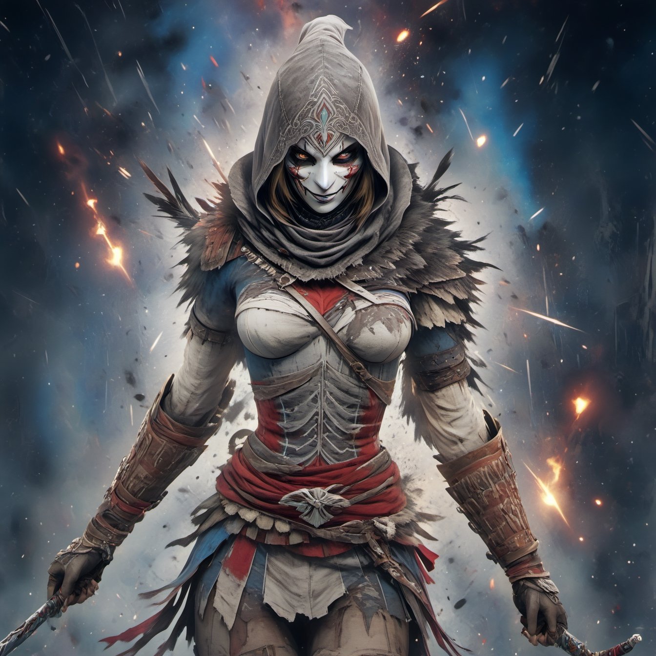 (masterpiece), 1girl, hellequin from Assassins Creed 3 in surreal style, 8k quality image, with female costume, aesthetic mask and weapons, effects with vivid colors,badass, detailed particles background,<lora:659095807385103906:1.0>