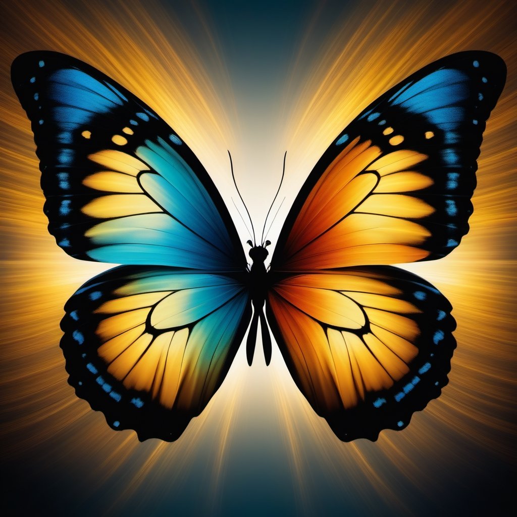 (Masterpiece),  An image of a butterfly with wings formed by two human faces looking at each other and facing each other,  one light and the other dark,  representing the duality of the Gemini,  the image quality is 8k,  The image has an optical illusion effect of two faces facing each other,  mimicking the wings of the butterfly,  creating a contrast between colors and shapes,  the effect also generates some lines and curves that simulate movement and energy,  transmitting beauty and passion