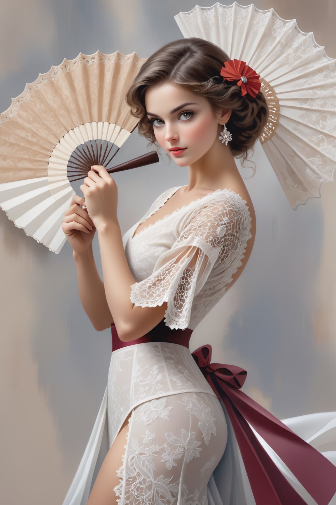 (masterpiece), Slender woman holds her closed Spanish lace fan with her hand, (she places the open fan on her waist, as if it were a belt. This highlights her figure and her style), The image has a geometric art style, with simple shapes and solid colors, which give it an elegant and sober look, real and detailed, highlights the color of your eyes, The image must be high impact, the background must be dark and contrast with the figure of the girl, The image must have a high detail resolution of 8k, (full body), (artistic pose of a woman points the closed Spanish lace fan to something or someone), in 8k quality, the woman shows a confident attitude, romantic style, real and detailed, highlights the color of your eyes, The image must be high impact, The image must have a high detail 8k resolution, image (full body), (artistic pose of a woman),Leonardo Style,A girl dancing 