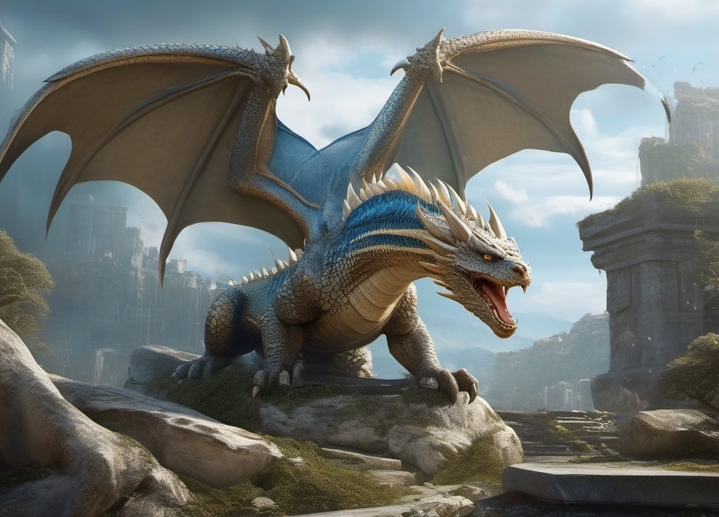 dragon looking at the camera,real life,ultra-realistic,Realistic, (ultra-detailed:2), (ultra definition:2),Dragon Made of Scales, beige and white scales, beaked snake head, epic legendary dragon, different positions,in the ruins, flying dragon, albino dragon with ((blue tabby stripes)), Full Body, highly defined robust and muscular body, (Perfect Eyes:2),(highly defined face and mouth:2), Intricately Detailed, Lightning Art, Particles, Beautiful and Majestic, Stunning, Large Majestic and Awesome Wings, thick and majestic tail, (Two Wings:2), (four paws:2), Shocking, Intimidating, Imposing, Highly Detailed, Large Sharp Fangs, (Perfect Claws:1.9), Digital Art, Sharp Focus, Trending in Art Station, Still Film, Warm Tones, dfdd, Greg Rutkowski, HZSteampunk, 2d_animated, horror, in a jar,xxmix_girl,lis4,EpicLand,b3rli,huayu,Sci-fi,ruins,moss,EpicSky,6000,photo r3al