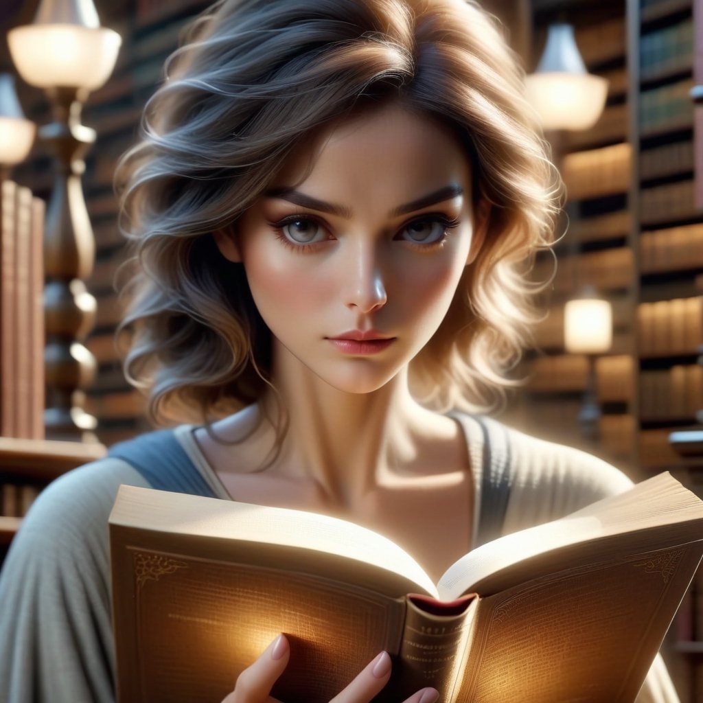 (masterpiece), Represent her calm appearance but intense undertone, like an image of a woman reading a book in a library while having a penetrating and mysterious gaze, the image is 8k quality,DonMM4g1cXL 