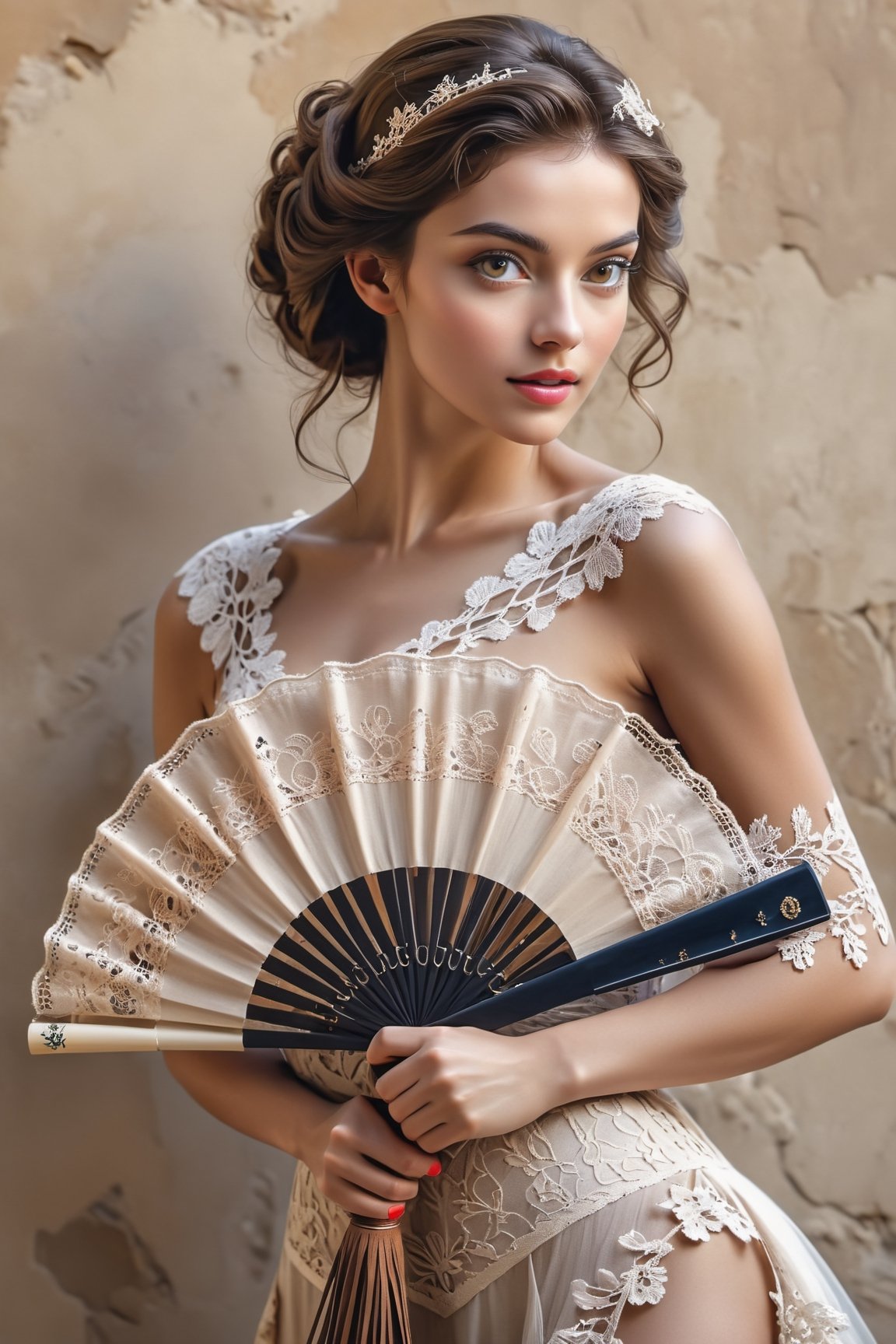 (masterpiece), Slender woman holds her closed Spanish lace fan with her hand, (she places the open fan on her waist, as if it were a belt. This highlights her figure and her style), The image has a geometric art style, with simple shapes and solid colors, which give it an elegant and sober look, real and detailed, highlights the color of your eyes, The image must be high impact, the background must be dark and contrast with the figure of the girl, The image must have a high detail resolution of 8k, (full body), (artistic pose of a woman points the closed Spanish lace fan to something or someone), in 8k quality, the woman shows a confident attitude, romantic style, real and detailed, highlights the color of your eyes, The image must be high impact, The image must have a high detail 8k resolution, image (full body), (artistic pose of a woman),Leonardo Style,pturbo