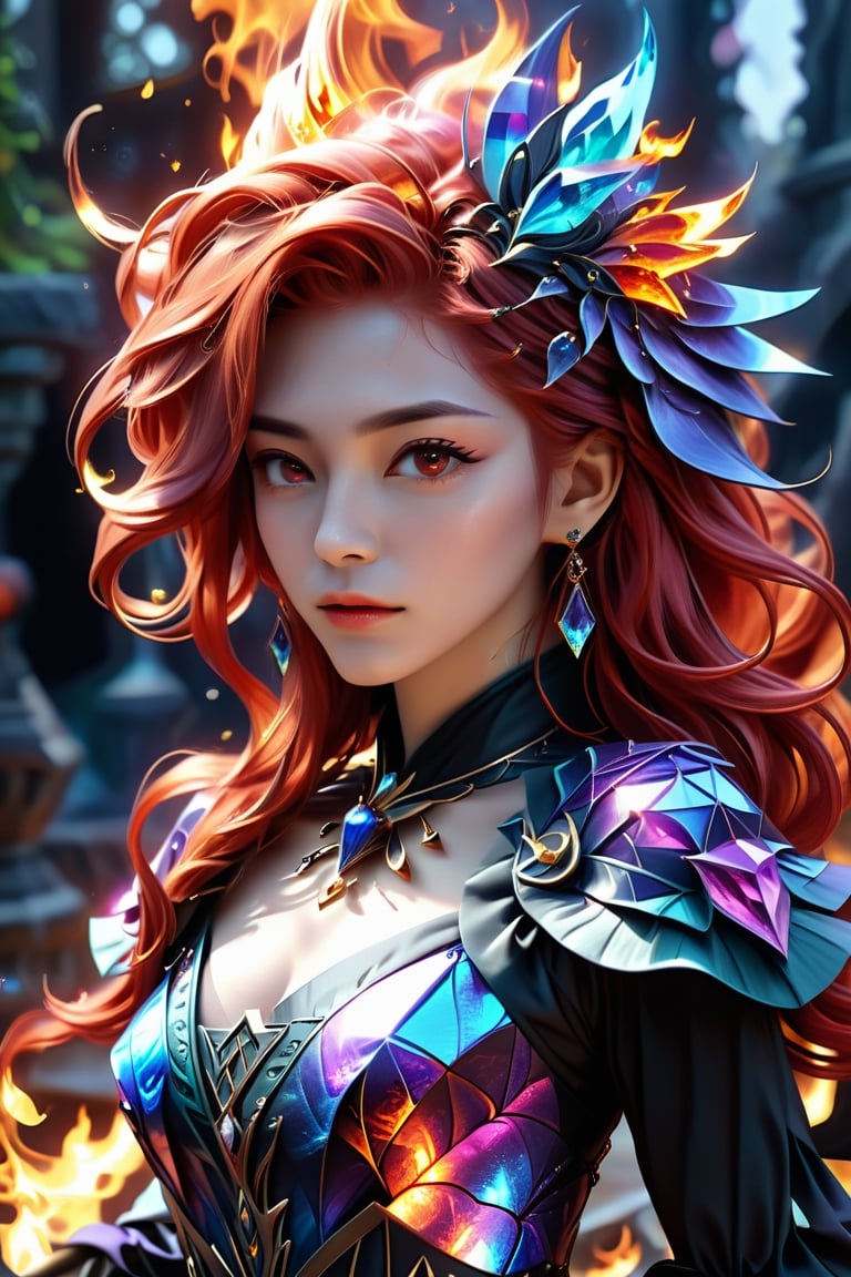 masterpiece, best quality, ultra high resolution, visually stunning, beautiful, award-winning art (abstract art: 1.3), 1 european girl, fire sorceress,enchantments,  alexandrite stone,captivating,red hair, gemstone adorned, dark theme, deep shadow, euphoric style,make up,isni,bl3uprint,3d toon style,make_3d,monster,rosy,Renaissance Sci-Fi Fantasy,fire element,WEARING HAUTE_COUTURE DESIGNER DRESS,composed of fire elements,pturbo,aw0k euphoric style,A teenager girl ,DonMF43Dr4g0n 