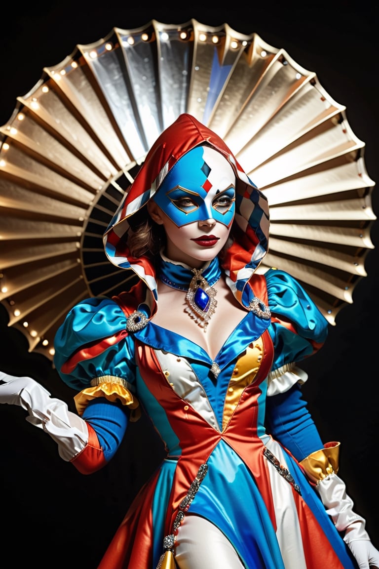 stylized harlequin woman (holding with her hand a large closed fan on her shoulder looking down or to the side) in 8k quality, the harlequin must show an attitude of indifference or disdain, poses with the closed fan, a woman in a dress and a mask of diamonds, romantic style, fine collar and hood, realistic and detailed, highlights the color of your eyes, The image must be high impact, the background must be dark and contrast with the figure of the harlequin, The image must have resolution 8k and highDetail (full body), (artistic pose of a woman), Detailmaster2, close-up, RoadWreck_Simulator