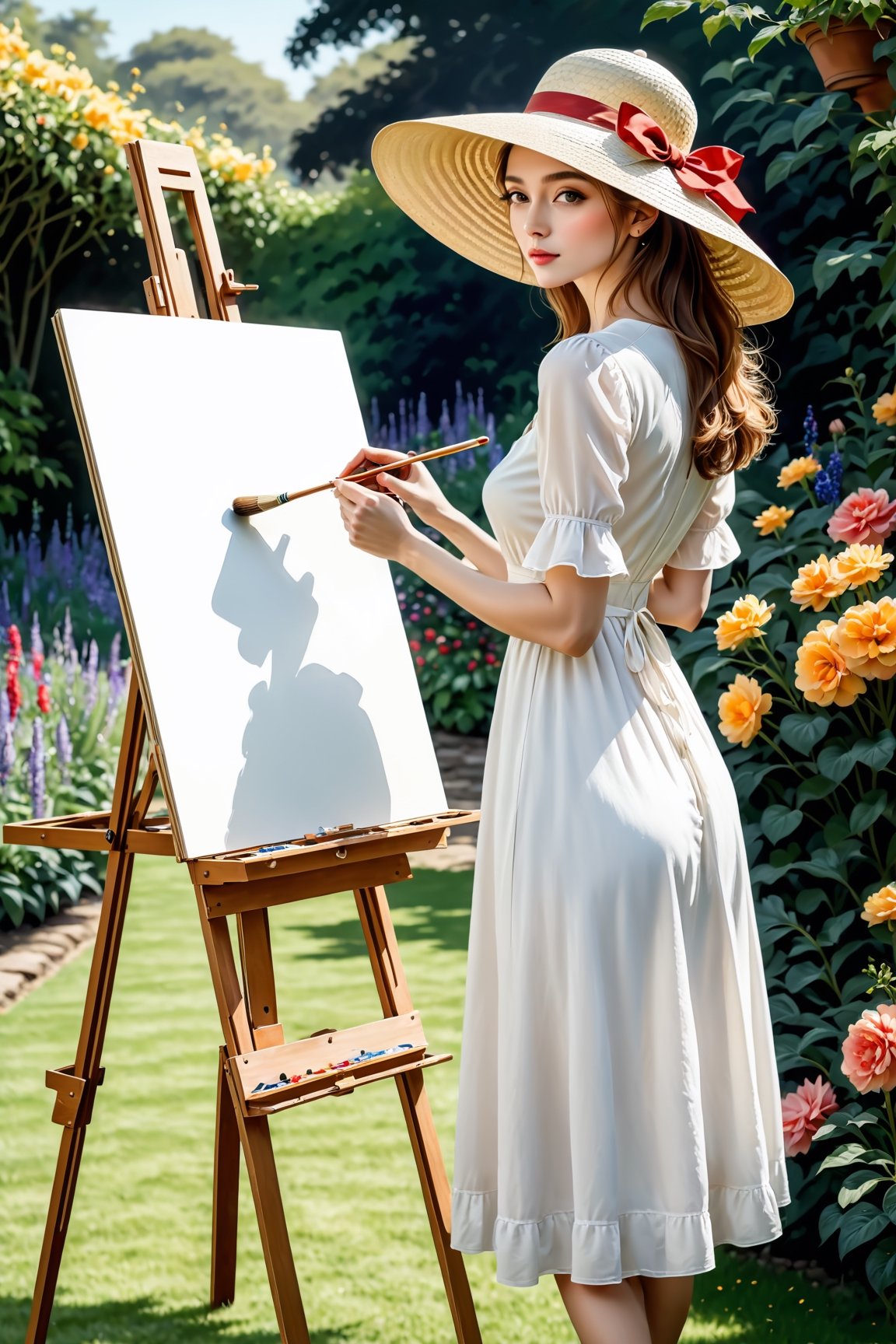 (masterpiece),  An image of a woman standing in a garden,  wearing a white dress and a straw hat,  painting a picture with an easel and brush,  the image is 8k quality