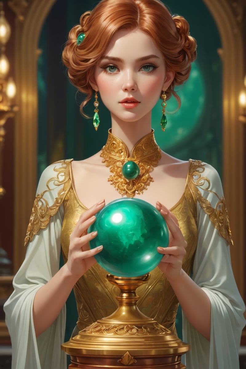 Detailed shot of a beautiful slender woman on a golden pedestal, copper colored hair, with makeup, hypnotizing look, the jade stone crystal ball in her hand, artistically posing with the jade, digital painting, intricate, elegant, highly detailed, season art,impressionist art, soft, sharp focus, illustration, Unreal Engine 5, 8k, art by artgerm and greg rutkowski and alphonsemucha