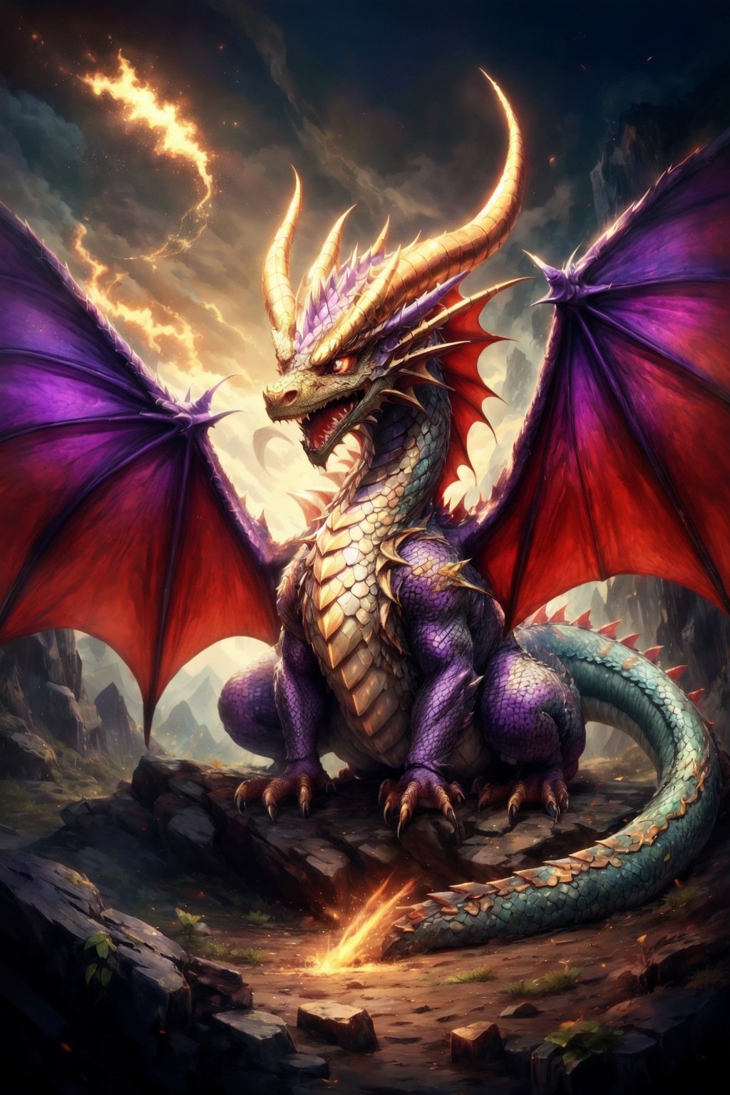 Generate hyper realistic DRAGON cub, Dragon cub made like the video game character Spyro, with dragon scales with a shiny purple and gold outline,  horns golden and two red wings,  it has four purple legs,  a charismatic personality,  a cunning look,  the dragon has the tip of its tail in the shape of a golden arrow