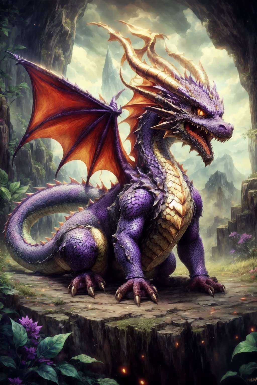 Generate hyper realistic DRAGON cub, Dragon cub made like the video game character Spyro, with dragon scales with a shiny purple and gold outline,  horns golden and two red wings,  it has four purple legs,  a charismatic personality,  a cunning look,  the dragon has the tip of its tail in the shape of a golden arrow