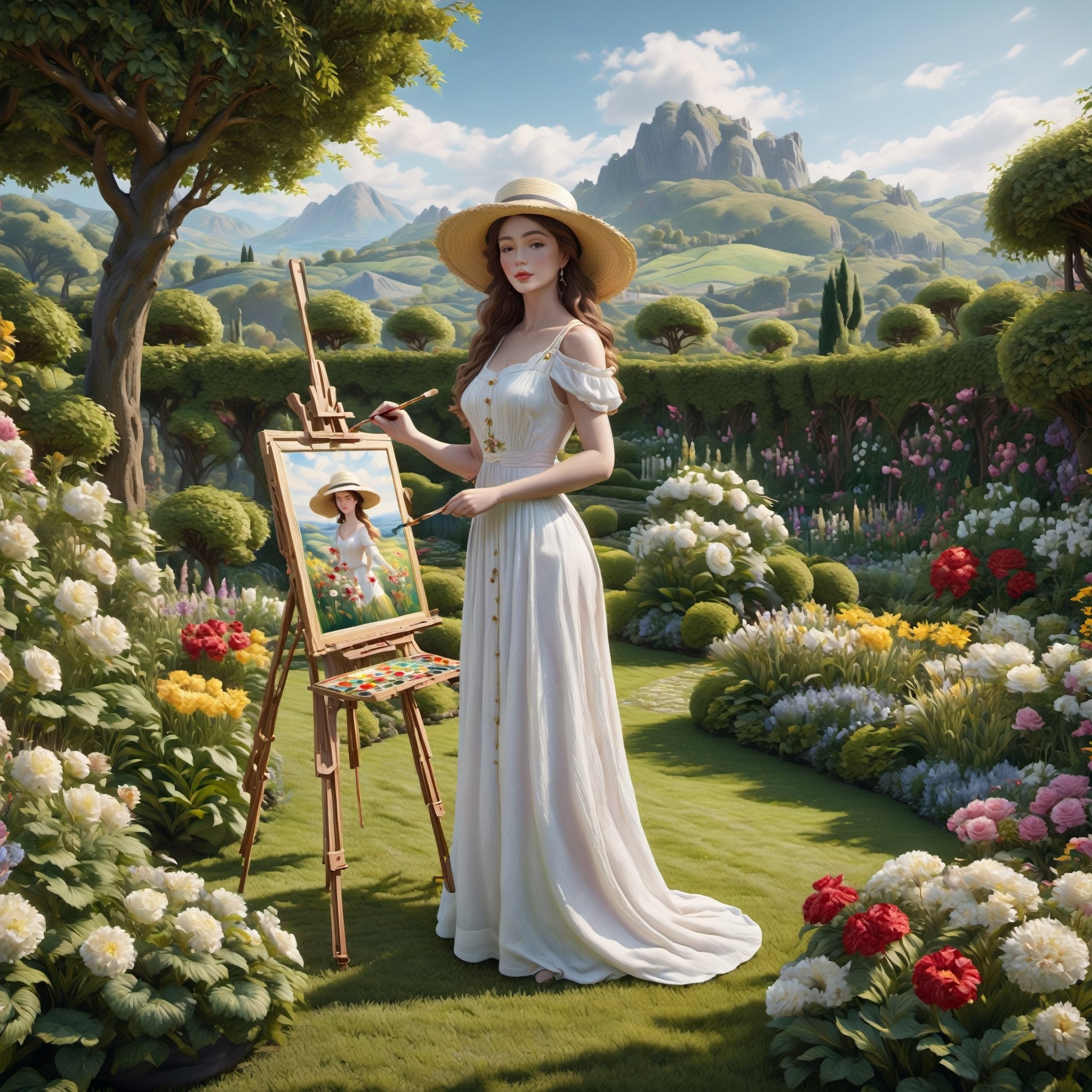 (masterpiece),  An image of a woman standing in a garden,  wearing a white dress and a straw hat,  painting a picture with an easel and brush,  the image is 8k quality