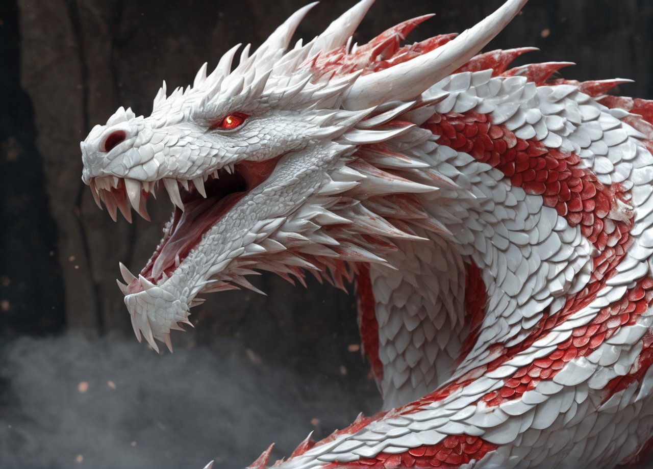 Realistic, Dragon Made of Scales, White with Red Stripes, Desolate, Majestic, Intricately Detailed, Artistic Lightning, Particles, Beautiful, Breathtaking, Impressive, Shocking, Highly Detailed, Digital Art, Sharp Focus, Trending in Art Station, Still Film,Tiger 