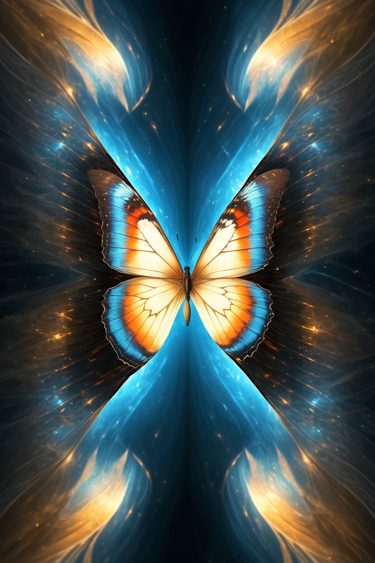 Masterpiece),  An image of a butterfly with wings formed by two human faces looking at each other and facing each other,  one light and the other dark,  representing the duality of the Gemini,  the image quality is 8k,  The image has an optical illusion effect of two faces facing each other,  mimicking the wings of the butterfly,  creating a contrast between colors and shapes,  the effect also generates some lines and curves that simulate movement and energy,  transmitting beauty and passion