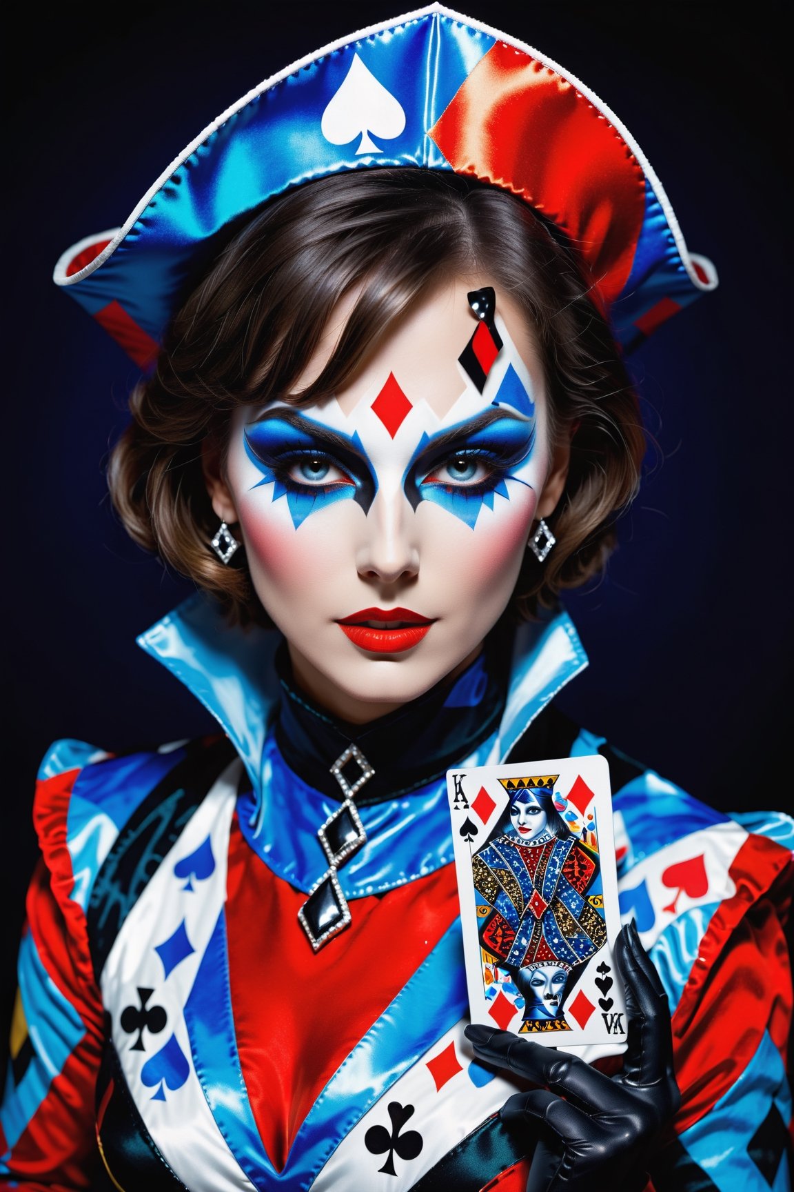 Harlequin woman with an 8k quality ace of spades poker card, the harlequin must do tricks and break the laws, she must be creative, her suit has striking colors of the spades poker card, highlights the color of her eyes, the image must be high impact, with a cinematographic photography style, The Harlequin must have a cunning and elegant appearance, diamond makeup, the background must be dark and contrast with the figure of the harlequin, The image must have 8k resolution and a high level of detail, (full body), (artistic pose of a woman),aesthetic portrait, Film still,WEARING HAUTE_COUTURE DESIGNER DRESS,porcellana style