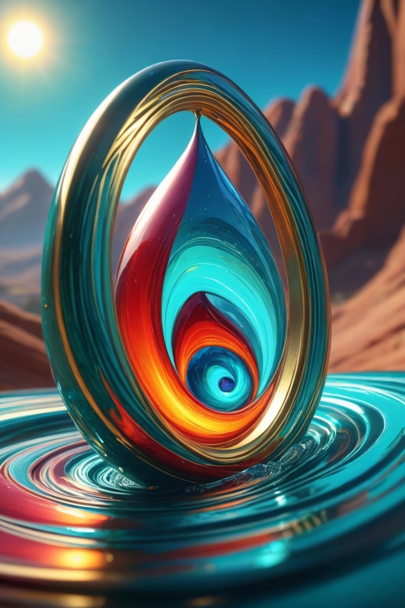 enigma, octane rendering, unreal engine, cinematic, hyperrealism, 16k, depth of field, bokeh. iridescent accents. vibrant. Stitch peering from a dimensional teardrop, Stitch emerging from a swirling vortex of blue, red, and green energy, casting an enigmatic shadow over the teal and gold landscape. Use Unreal Engine to create the dynamic portal effect and emphasize depth of field.