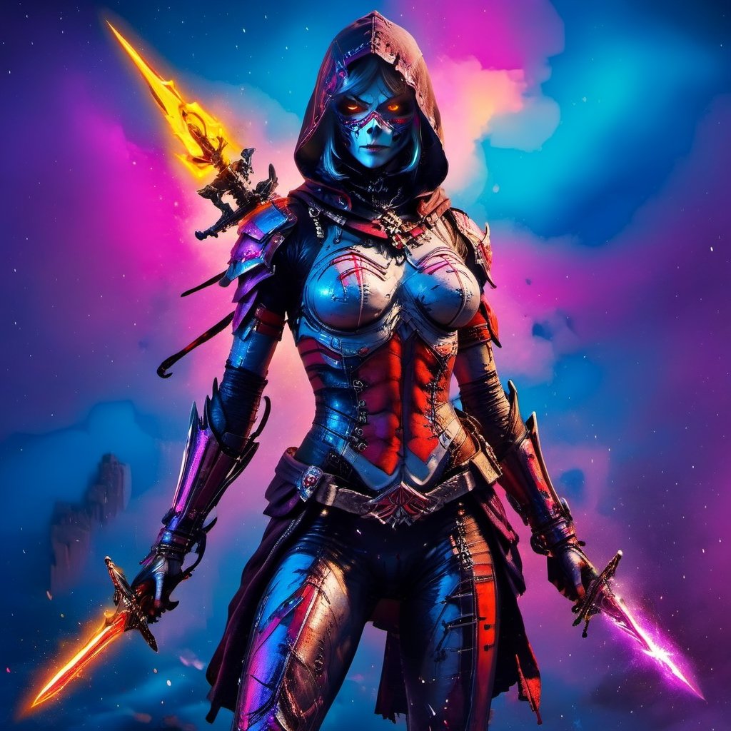 (masterpiece), Hellequin female from Assassins Creed 3 in surreal style, 8k quality image, with female costume, aesthetic mask and weapons, effects with vivid colors, detailed particles background,aw0k dalle,Leonardo Style,in Stocks Pose,detailmaster2,assassin,creed,monster,uniformsbodypaint,Mecha,ColorART,aw0k euphoric style,<lora:659095807385103906:1.0>