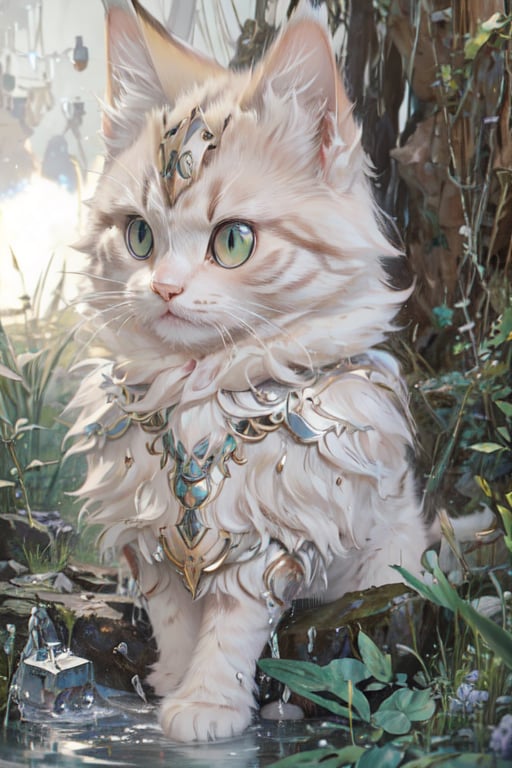 masterpiece, best quality, super cute fluffy litle siberiano cat in armor, ultra detailed, vray rendering, unreal engine, mysterious,cat,meloncat,water,Robot ,no_humans