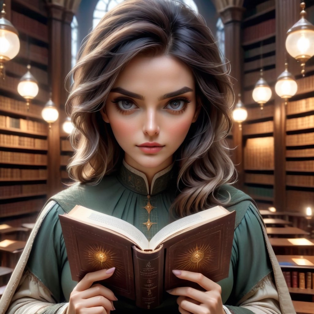 (masterpiece), Represent her calm appearance but intense undertone, like an image of a woman reading a book in a library while having a penetrating and mysterious gaze, the image is 8k quality,pturbo,DonMM4hM4g1cXL