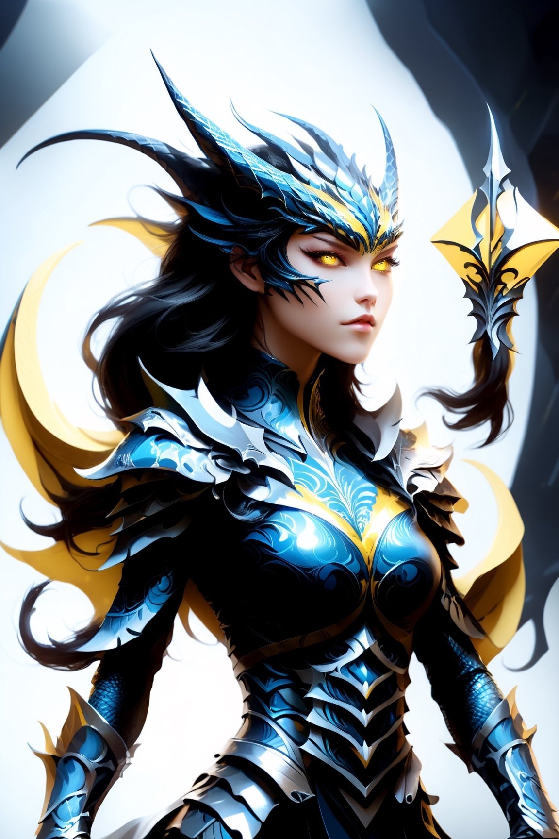 (masterpiece), Slender woman holds a yellow fan with dragon claws in her hand, her draconian clothing is made of obsidian, The image has a geometric art style, with simple shapes and solid colors, which give it an elegant and sober appearance, real and detailed, highlights the color of your eyes, The image must be of high impact, the background must be dark and contrast with the girl's figure, The image must have a high detail resolution of 8k, (full body), (artistic pose of a woman), Style Leonardo,A girl dancing,Face makeup,nlgtstyle,DonMM4g1cXL ,darkart,Glass Elements,dragonarmor,DonMM4hM4g1cXL,neon style,DonMT3chW0rldXL,DonMN1gh7D3m0nXL