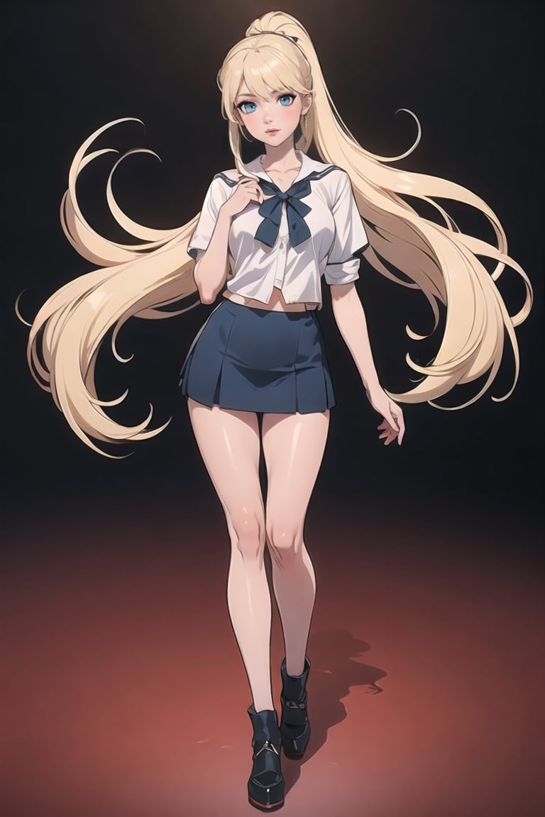 ((Teenager at High school)) Schoolar unform, high School vibes, student, Eris Etolia Queen, Fitted Blazer: Uniform skirt, V-Neck Blouse:, The knee-high socks Footwear is heeled loafers. 

🏷️【Blonde ponytail, Blue Eyes,Tall, very tall, long legs, tight legs, thing legs, narrow hips, Eris Etolia, Blonde,】
💡 **Additional Enhancers:** ((High-Quality)), ((Aesthetic)), ((Masterpiece)), (Intricate Details), Coherent Shape, (Stunning Illustration), [Dramatic Lightning],