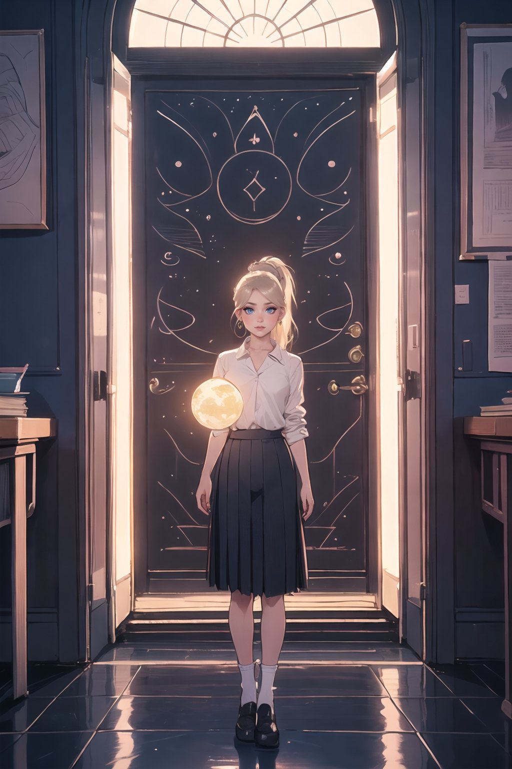 Subject(Eris Etolia. Blonde, FontBangs, Ponytail)
Theme(a inter-dimentional portal in a classroom, sci-fi)
Outfit(tailored blazer, blouse v-neck, skirt length is shortened, white socks add, sleek high heeled loafers)

ClassroomSetting(An ordinary classroom bathed in fluorescent light)
Surreal Anomaly(A shimmering tear in reality appears, pulsating with otherworldly energy)
DistortedAtmosphere(Air wavers, hinting at unseen vistas beyond comprehension)
GatewaytotheUnknown(All realize they stand before a doorway to unimaginable realms)

💡 **Additional Enhancers:** ((High-Quality)), ((Aesthetic)), ((Masterpiece)), (Intricate Details), Coherent Shape, (Stunning Illustration), [Dramatic Lightning],midjourney