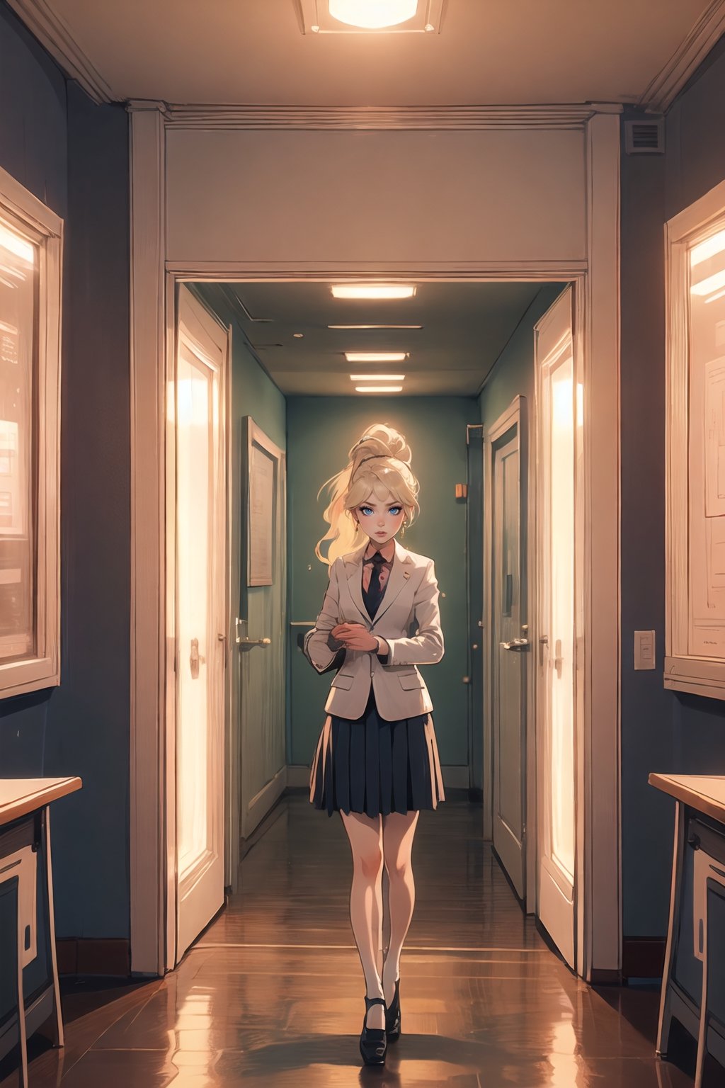 Subject(Eris Etolia. Blonde, FontBangs, Ponytail)
Theme(a inter-dimentional portal in a classroom, sci-fi)
Outfit(tailored blazer, blouse v-neck, skirt length is shortened, white socks add, sleek high heeled loafers)

ClassroomSetting(An ordinary classroom bathed in fluorescent light)
Surreal Anomaly(A shimmering tear in reality appears, pulsating with otherworldly energy), DistortedAtmosphere(Air wavers, hinting at unseen vistas beyond comprehension), GatewaytotheUnknown(All realize they stand before a doorway to unimaginable realms)

💡 **Additional Enhancers:** ((High-Quality)), ((Aesthetic)), ((Masterpiece)), (Intricate Details), Coherent Shape, (Stunning Illustration), [Dramatic Lightning],midjourney