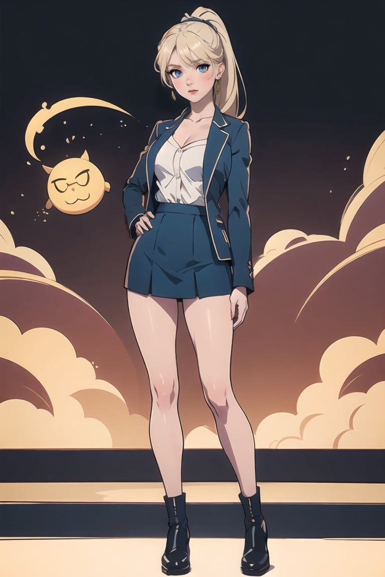 ((Teenager at High school)) Schoolar unform, high School vibes, student, Eris Etolia Queen, Fitted Blazer: Uniform skirt, V-Neck Blouse:, The knee-high socks Footwear is heeled loafers. 

🏷️【Blonde ponytail, Blue Eyes,Tall, very tall, long legs, tight legs, thing legs, narrow hips, Eris Etolia, Blonde,】
💡 **Additional Enhancers:** ((High-Quality)), ((Aesthetic)), ((Masterpiece)), (Intricate Details), Coherent Shape, (Stunning Illustration), [Dramatic Lightning],