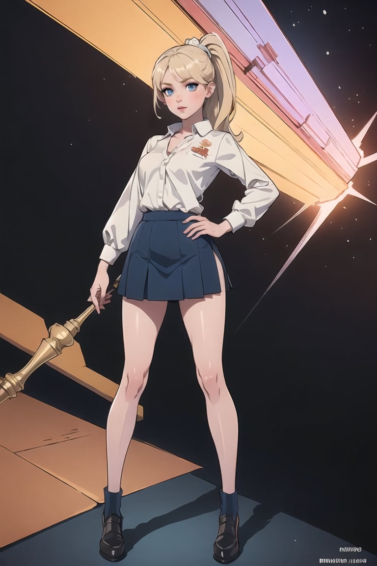 ((Teenager at High school)) Schoolar unform, high School vibes, student, Eris Etolia Queen, Fitted Blazer: Uniform skirt, V-Neck Blouse:, The knee-high socks Footwear is heeled loafers. 

🏷️【Blonde ponytail, Blue Eyes,Tall, very tall, long legs, tight legs, thing legs, narrow hips, Eris Etolia, Blonde,】
💡 **Additional Enhancers:** ((High-Quality)), ((Aesthetic)), ((Masterpiece)), (Intricate Details), Coherent Shape, (Stunning Illustration), [Dramatic Lightning],