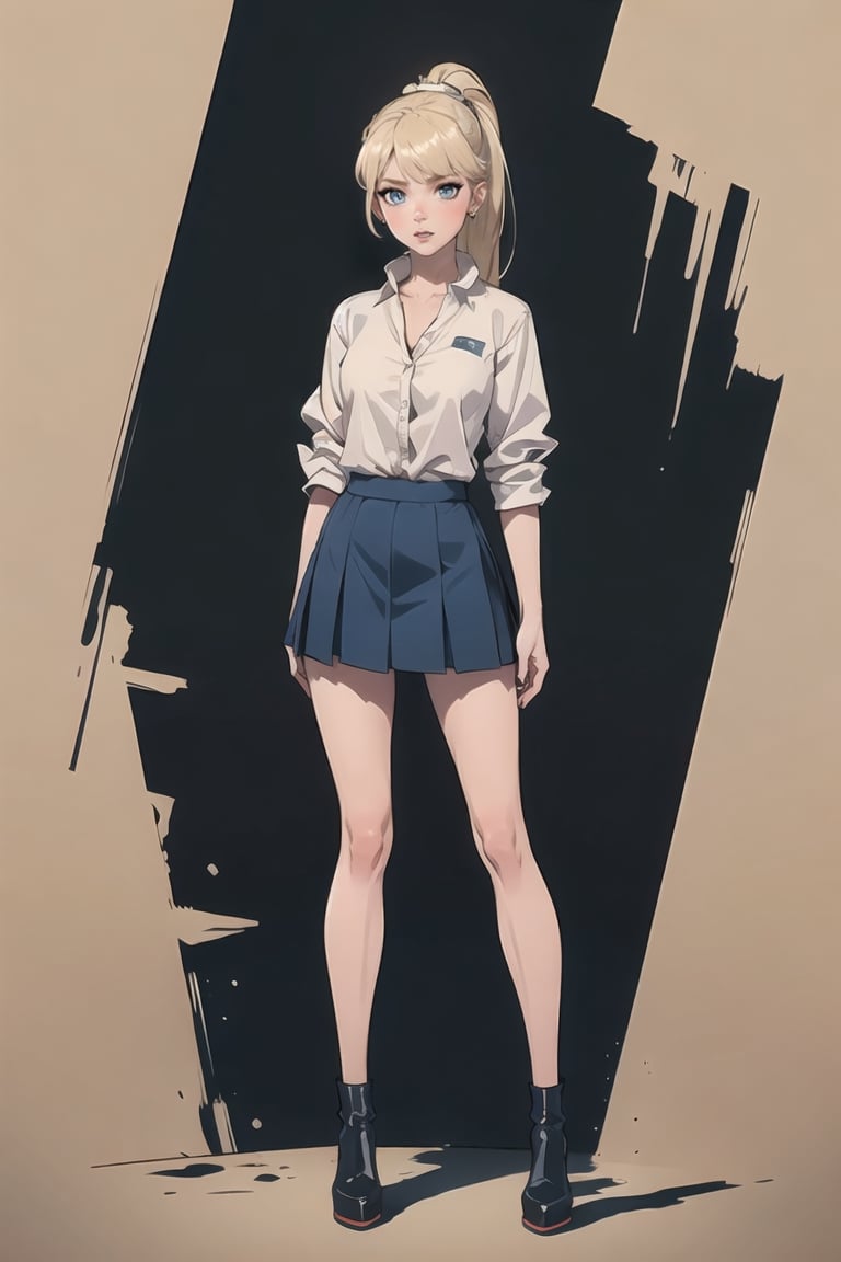 ((Teenager at High school)) Schoolar unform, high School vibes, student, Eris Etolia Queen, Fitted Blazer: Uniform skirt, V-Neck Blouse:, The knee-high socks Footwear is heeled loafers. 

🏷️【Blonde ponytail, Blue Eyes,Tall, very tall, long legs, tight legs, thing legs, narrow hips, Eris Etolia, Blonde,】
💡 **Additional Enhancers:** ((High-Quality)), ((Aesthetic)), ((Masterpiece)), (Intricate Details), Coherent Shape, (Stunning Illustration), [Dramatic Lightning],