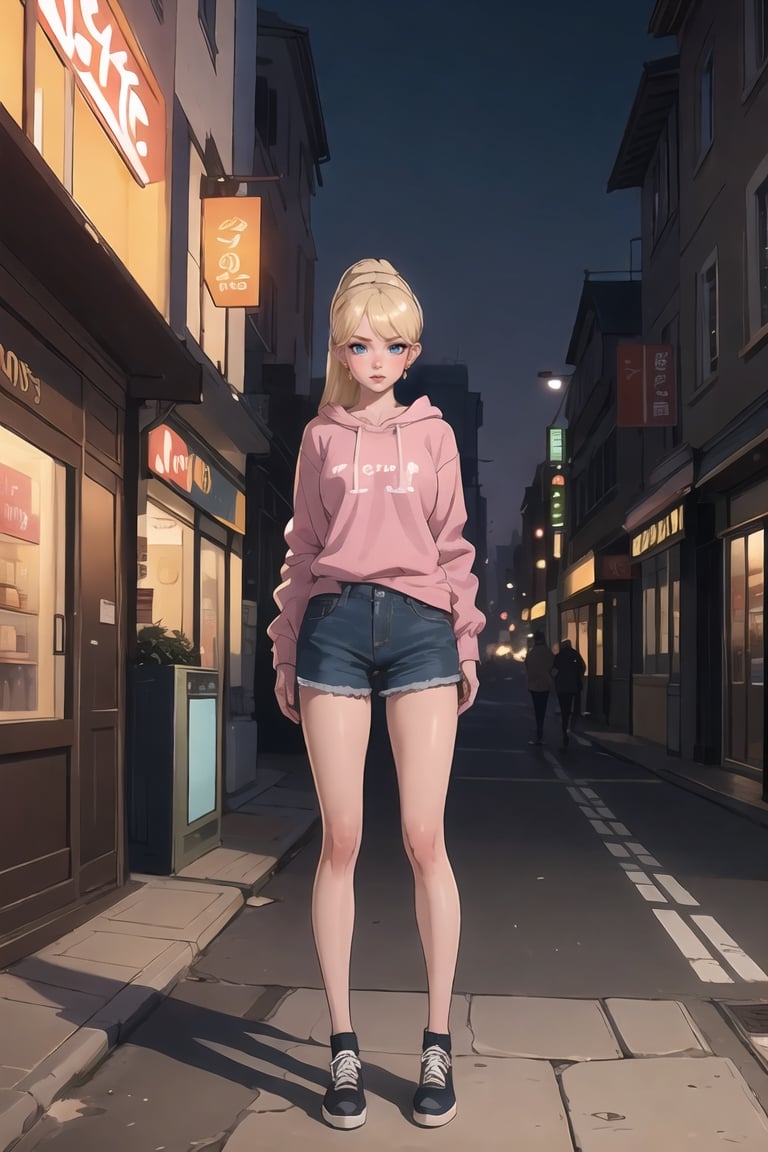 Teenager, Eris Etolia, Blonde, Ponytail, Blue Eyes, She's in front of us, with an alluring attitude; at outdoors,, city envoroment She looks like a stunning teenybopper at the mall, brat, Casual and sexy clothes for a teenager. Full Body Shoot.

Outfit: Oversized Hoodie, Heeled Sneakers, HotPants, Tight Highs

💡 **Additional Enhancers:** ((High-Quality)), ((Aesthetic)), ((Masterpiece)), (Intricate Details), Coherent Shape, (Stunning Illustration), [Dramatic Lightning]