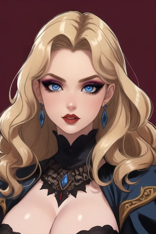 🏷️[Looking at the Viewer, MakeUp, close up, long hair, Upper Body, Earrings, Wavy Hair, Retro Artstyle, ((1980s \(style\))), Eyeshadow, Eyelashes, (((Glowing))), (Red Lips), Sky, blood, Simple Background, Breast, French Clivage]
🏷️[Baroque, Castlevania Style, Vampie, Goth, Dress]
🏷️[(Eris Etolia), Blonde long hair, Blue Eyes, Pale Skin]

((High-Quality)), ((Aesthetic)), ((Masterpiece)), (Intricate Details), Coherent Shape, (Stunning Illustration), Black, ,Goth Portrait, Masterpiece, Castlevania Lightning, Vampire, Portrait, Gothic Art,line,SD 1.5,girl,nsfw