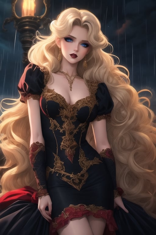 🏷️[Looking at the Viewer, MakeUp, close up, long hair, Upper Body, Earrings, Wavy Hair, Retro Artstyle, ((1990s \(style\))), Rain, Eyeshadow, Eyelashes, (((Glowing))), (Red Lips), Sky, Outdoors, Open Mouith, Fangs, blood, Simple Background]
🏷️[Baroque, Castlevania Style, Vampie, Goth, Black Dress]
🏷️[Eris Etolia, Blonde long hair, Blue Eyes, Pale Skin]

💡 **Additional Enhancers:** ((High-Quality)), ((Aesthetic)), ((Masterpiece)), (Intricate Details), Coherent Shape, (Stunning Illustration), Black, ,Goth Portrait, Masterpiece, Castlevania Lightning, Vampire,Portrait,ErisEtolia,REALISTIC,1guy