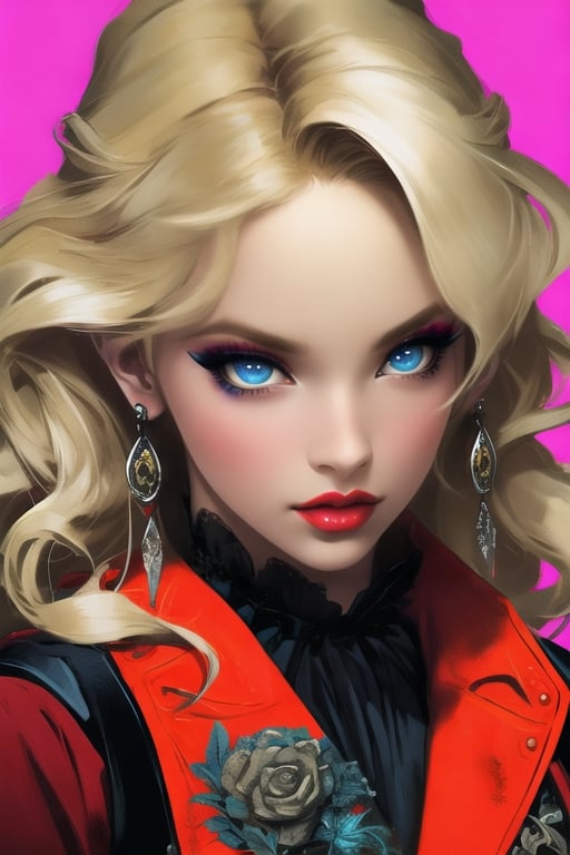 🏷️[Looking at the Viewer, MakeUp, close up, long hair, Upper Body, Earrings, Wavy Hair, Retro Artstyle, ((1980s \(style\))), Eyeshadow, Eyelashes, (((Glowing))), (Red Lips), Sky, blood, Simple Background, Breast, French Clivage]
🏷️[Baroque, Castlevania Style, Vampie, Goth, Dress]
🏷️[(Eris Etolia), Blonde long hair, Blue Eyes, Pale Skin]

((High-Quality)), ((Aesthetic)), ((Masterpiece)), (Intricate Details), Coherent Shape, (Stunning Illustration), Black, ,Goth Portrait, Masterpiece, Castlevania Lightning, Vampire, Portrait, Gothic Art,line,SD 1.5,girl,nsfw,photorealistic,Pixel art,1guy,ghibli,Girl,artistic oil painting stick,Retro art,lolsplashart