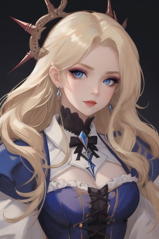 🏷️[Looking at the Viewer, MakeUp, close up, long hair, Upper Body, Earrings, Wavy Hair, Retro Artstyle, ((1980s \(style\))), Eyeshadow, Eyelashes, (((Glowing))), (Red Lips), Sky, blood, Simple Background, Breast, French Clivage]
🏷️[Baroque, Castlevania Style, Vampie, Goth, Dress]
🏷️[(Eris Etolia), Blonde long hair, Blue Eyes, Pale Skin]

((High-Quality)), ((Aesthetic)), ((Masterpiece)), (Intricate Details), Coherent Shape, (Stunning Illustration), Black, ,Goth Portrait, Masterpiece, Castlevania Lightning, Vampire, Portrait, Gothic Art,line