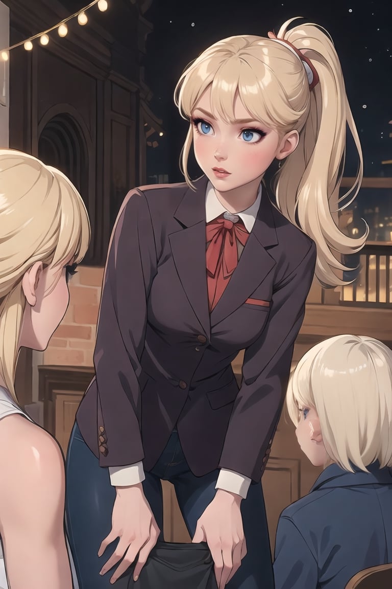 Blonde, Ponytail, bangs, Blonde, Christmas Event, Merry Christmas, Imagine a Christmas Scene, where Eris Etolia is in front of us; shes apoliging to us because an inconvenient; sad, ashamed, she looks sad becaus of bad news, 

([Daylight:1.00) Young Lady, Eris Etolia, Blonde, Ponytail, Blue Eyes, She's in front of us, with an alluring attitude; at outdoors,, city envoroment She looks like a stunning lady teenybopper, brat, 

Outfit: Schoolar Uniform, Blazer, Mini Skirt, Loafers, Lower Socks,

💡 **Additional Enhancers:** ((High-Quality)), ((Aesthetic)), ((Masterpiece)), (Intricate Details), Coherent Shape, (Stunning Illustration), [Dramatic Lightning],Christmas Room