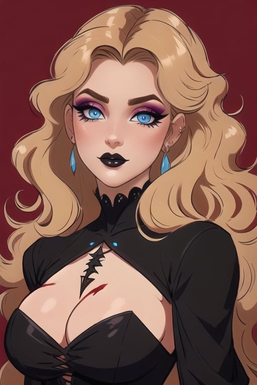 🏷️[Looking at the Viewer, MakeUp, close up, long hair, Upper Body, Earrings, Wavy Hair, Retro Artstyle, ((1980s \(style\))), Eyeshadow, Eyelashes, (((Glowing))), (Red Lips), Sky, blood, Simple Background, Breast, French Clivage]
🏷️[Baroque, Castlevania Style, Vampie, Goth, Dress]
🏷️[(Eris Etolia), Blonde long hair, Blue Eyes, Pale Skin]

((High-Quality)), ((Aesthetic)), ((Masterpiece)), (Intricate Details), Coherent Shape, (Stunning Illustration), Black, ,Goth Portrait, Masterpiece, Castlevania Lightning, Vampire, Portrait, Gothic Art,line,SD 1.5