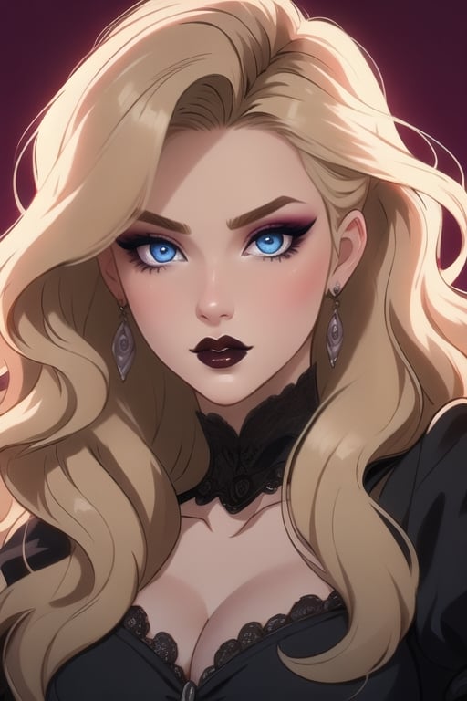 🏷️[Looking at the Viewer, MakeUp, close up, long hair, Upper Body, Earrings, Wavy Hair, Retro Artstyle, ((1980s \(style\))), Eyeshadow, Eyelashes, (((Glowing))), (Red Lips), Sky, blood, Simple Background, Breast, French Clivage]
🏷️[Baroque, Castlevania Style, Vampie, Goth, Dress]
🏷️[(Eris Etolia), Blonde long hair, Blue Eyes, Pale Skin]

((High-Quality)), ((Aesthetic)), ((Masterpiece)), (Intricate Details), Coherent Shape, (Stunning Illustration), Black, ,Goth Portrait, Masterpiece, Castlevania Lightning, Vampire, Portrait, Gothic Art