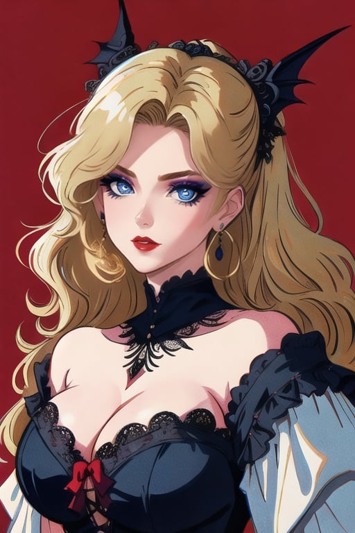 🏷️[Looking at the Viewer, MakeUp, close up, long hair, Upper Body, Earrings, Wavy Hair, Retro Artstyle, ((1980s \(style\))), Eyeshadow, Eyelashes, (((Glowing))), (Red Lips), Sky, blood, Simple Background, Breast, French Clivage]
🏷️[Baroque, Castlevania Style, Vampie, Goth, Dress]
🏷️[(Eris Etolia), Blonde long hair, Blue Eyes, Pale Skin]

((High-Quality)), ((Aesthetic)), ((Masterpiece)), (Intricate Details), Coherent Shape, (Stunning Illustration), Black, ,Goth Portrait, Masterpiece, Castlevania Lightning, Vampire, Portrait, Gothic Art,line,SD 1.5