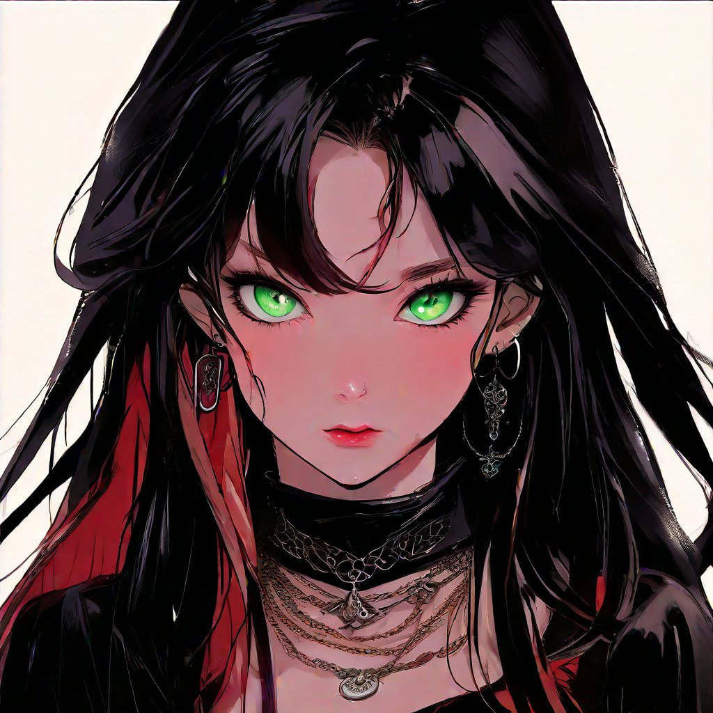 A stunning anime-inspired portrait of a single girl with mesmerizing {long|short|medium} hair, her piercing {black|blonde|red|brown|green} eyes directly engaging the viewer. Her raven-black locks cascade down her back like a waterfall, framing her flawless features. A delicate necklace and earrings adorn her neck, drawing attention to her luscious eyelashes and subtle eyeshadow. Her full lips, painted a deep {black|red}, curve into a sultry smile, inviting the viewer in. The Retro_Style aesthetic is palpable, with high-res details and an air of nostalgia surrounding this masterpiece.