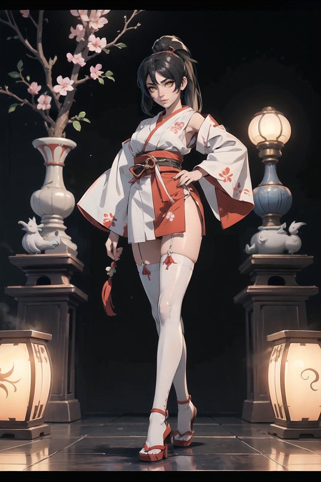 DOAMomiji(Black Hair, Long Ponytail, Hazel Eyes).

Capture Momiji, the guardian of the Shrine of the Dragon, as she exudes a captivating fusion of tradition and modern allure. Draped in traditional miko attire, her kimono adorned with intricate dragon and cherry blossom motifs, she tantalizes with a hint of porcelain skin. Emphasize her slender legs with tight high socks or white stockings, adding a daring twist to her ensemble. Balancing tradition with modernity, Momiji wears high heels, elevating her presence while staying true to her roots as a Shrine Maiden. Delve into the depths of her enigmatic persona, where sensuality meets sacredness in a mesmerizing dance of desire.

💡 **Additional Enhancers:** ((High-Quality)), ((Aesthetic)), ((Masterpiece)), (Intricate Details), Coherent Shape, (Stunning Illustration), [Dramatic Lightning],midjourney,