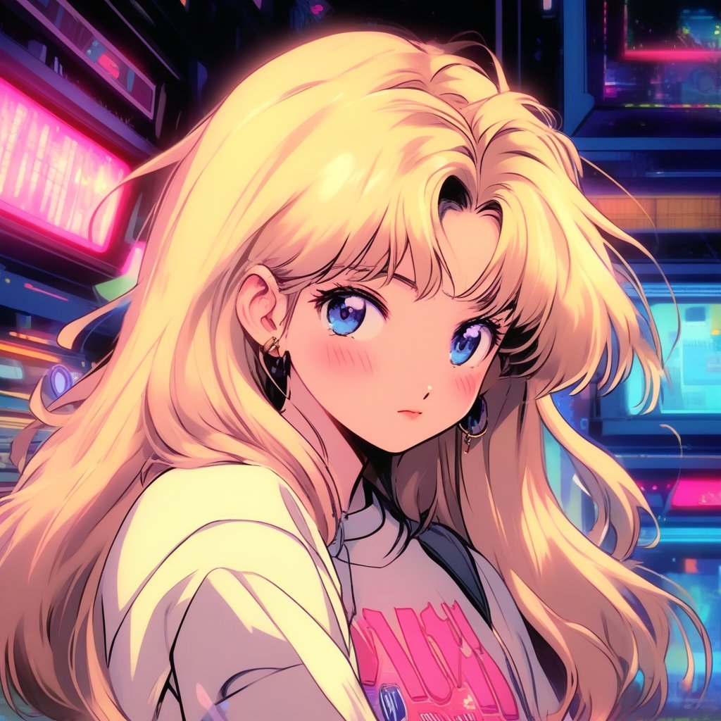 1990s 1girl, anime, lofi, blonde