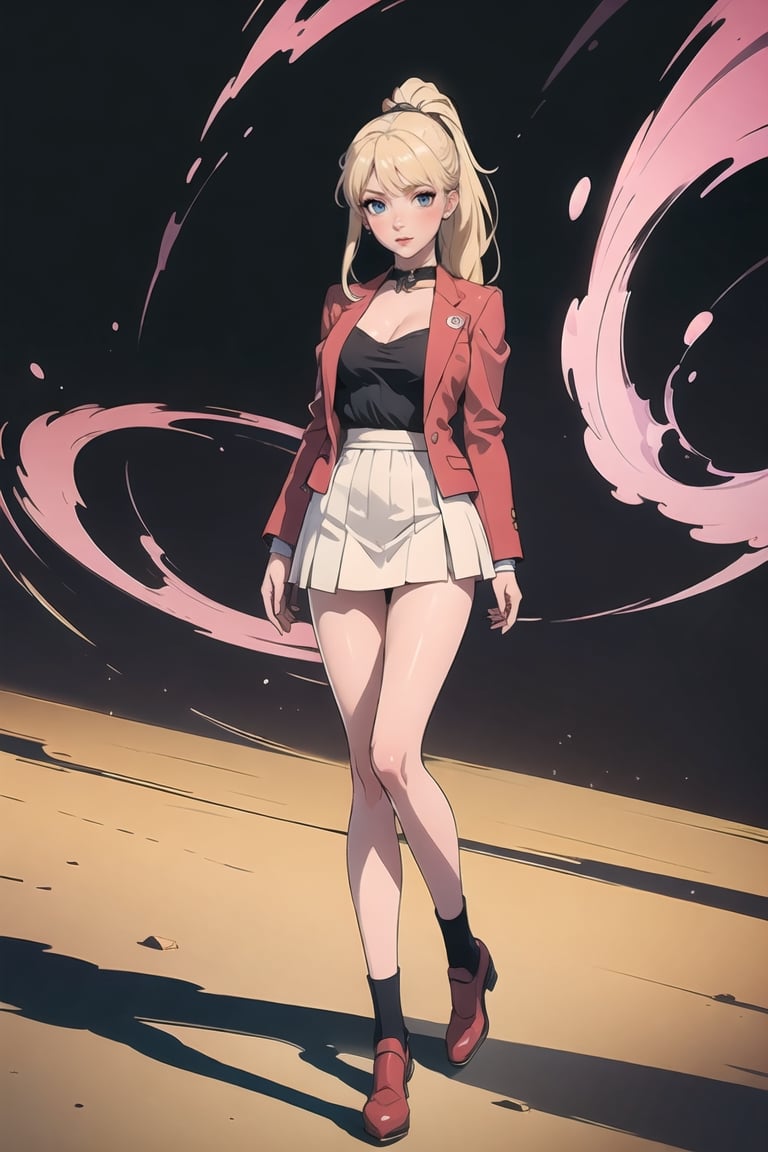 ((Teenager at High school)) Schoolar unform, high School vibes, student, Eris Etolia Queen, Fitted Blazer: Uniform skirt, V-Neck Blouse:, The knee-high socks Footwear is heeled loafers. 

🏷️【Blonde ponytail, Blue Eyes,Tall, very tall, long legs, tight legs, thing legs, narrow hips, Eris Etolia, Blonde,】
💡 **Additional Enhancers:** ((High-Quality)), ((Aesthetic)), ((Masterpiece)), (Intricate Details), Coherent Shape, (Stunning Illustration), [Dramatic Lightning],