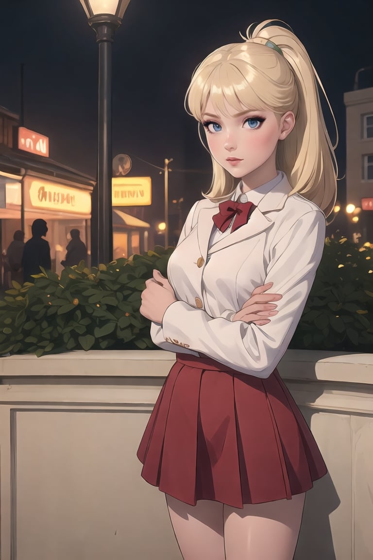 Imagine a Christmas Scene, where Eris Etolia is in front of us; shes apoliging to us because an inconvenient; sad, ashamed, she looks sad becaus of bad news, 

Christmas Event, Merry Christmas

([Daylight:1.00) Young Lady, Eris Etolia, Blonde, Ponytail, Blue Eyes, She's in front of us, with an alluring attitude; at outdoors,, city envoroment She looks like a stunning lady teenybopper, brat, 

Outfit: Schoolar Uniform, Blazer, Mini Skirt, Loafers, Lower Socks,

💡 **Additional Enhancers:** ((High-Quality)), ((Aesthetic)), ((Masterpiece)), (Intricate Details), Coherent Shape, (Stunning Illustration), [Dramatic Lightning],Christmas Room